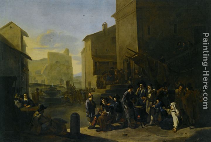 A Roman Market Scene with Peasants Gathered around a Stove painting - Johannes Lingelbach A Roman Market Scene with Peasants Gathered around a Stove art painting